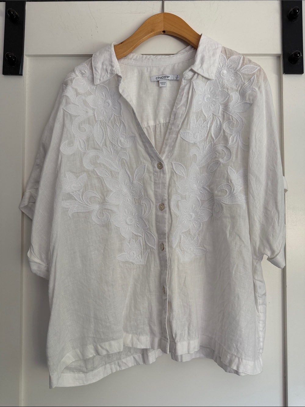 Chico's White Embroidered Button-Down Linen Top